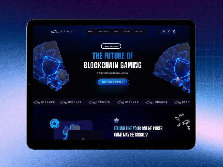 ICPoker landing page: dark neon interface for a blockchain poker platform