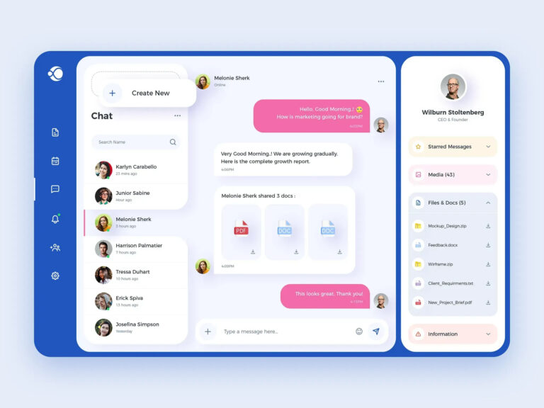 Team messenger web app: chat list, conversation thread and shared files panel