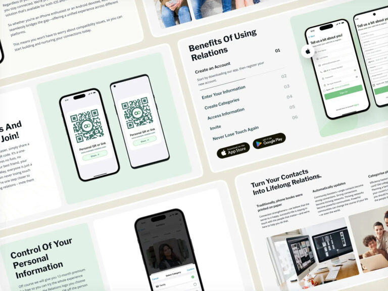 Relations mobile app screens: QR contact sharing, onboarding and sign-up