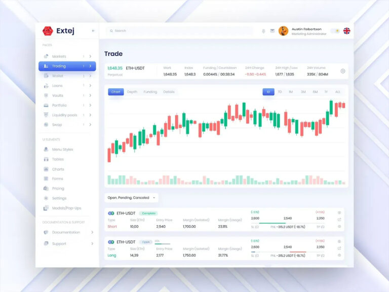 Extej crypto exchange trading terminal with candlestick chart and open positions