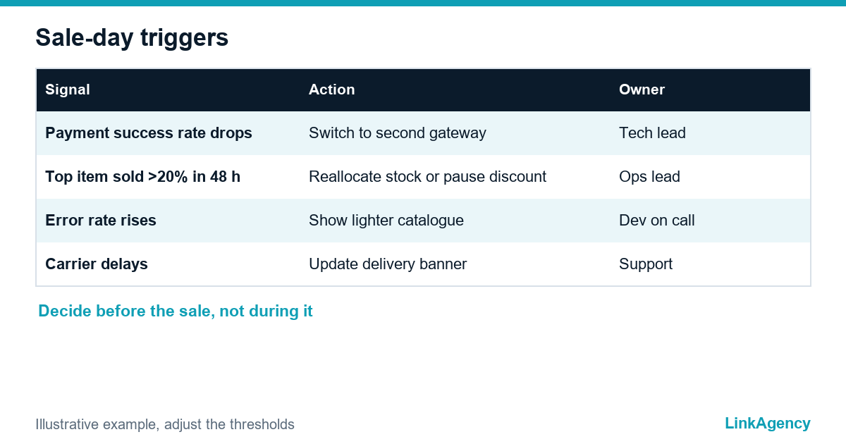 table with sale-day triggers for an online store: signal, action and owner