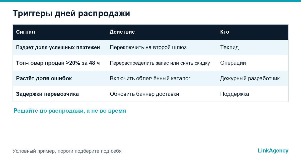 таблица с триггерами для дней распродажи интернет-магазина: сигнал, действие и ответственный
