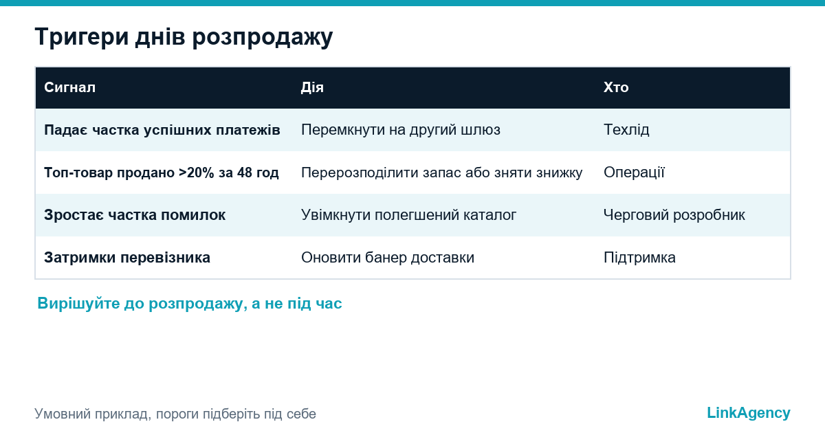 таблиця з тригерами для днів розпродажу інтернет-магазину: сигнал, дія та відповідальний