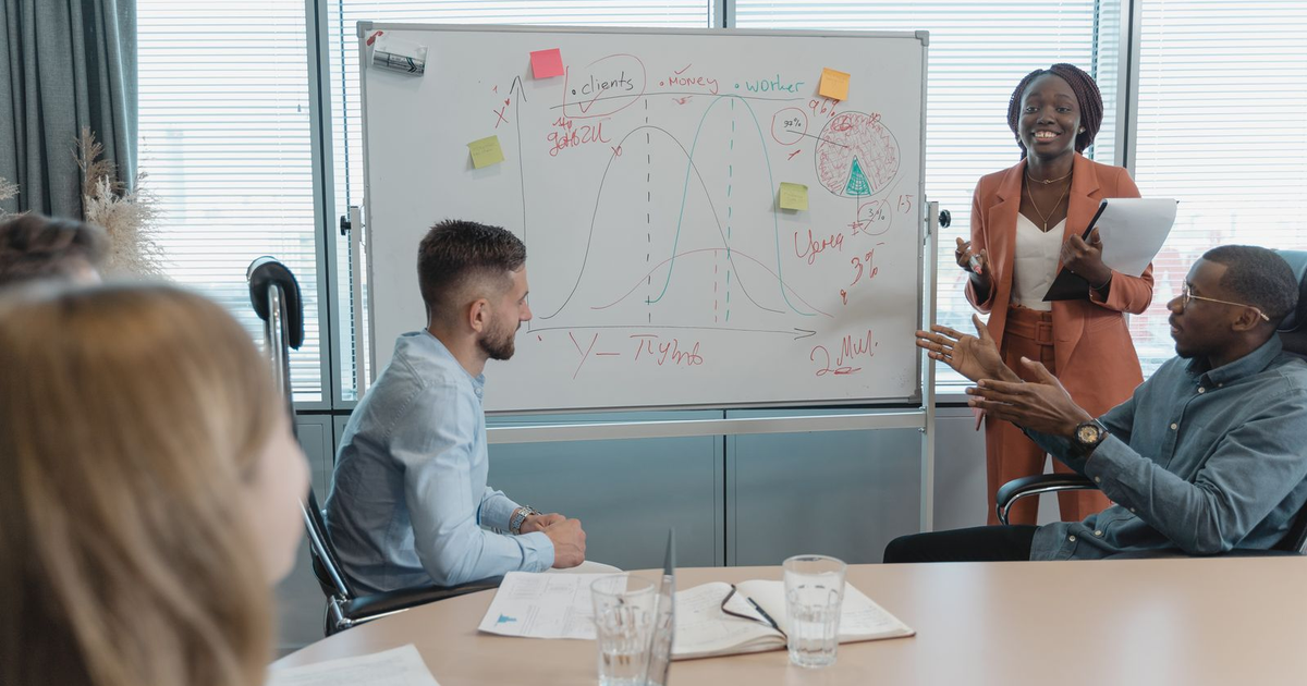 small business team at a whiteboard drafting a brand positioning statement during a workshop