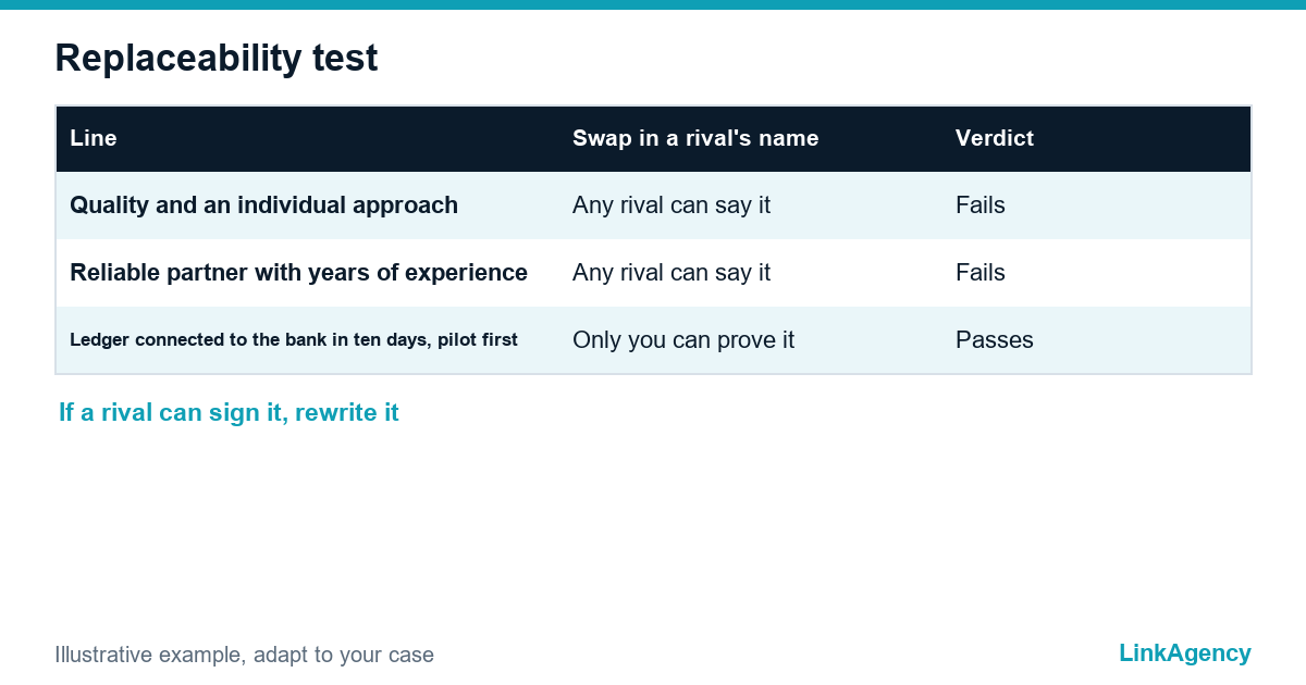 table of weak and strong positioning lines and the result of the replaceability test