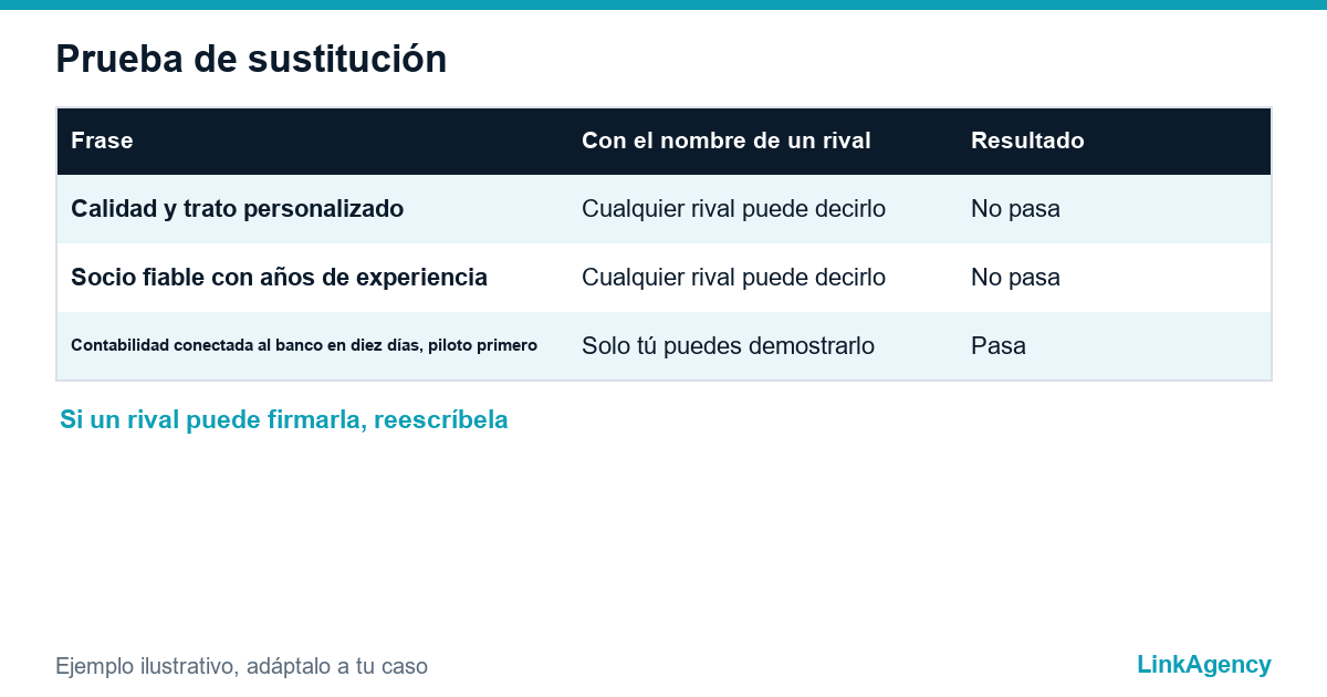 tabla de frases de posicionamiento débiles y fuertes con el resultado de la prueba de sustitución