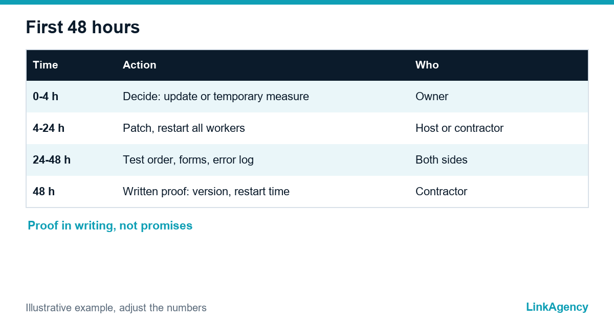 table with an example plan for the first 48 hours after a critical PHP advisory: decision, patch, tests and written proof