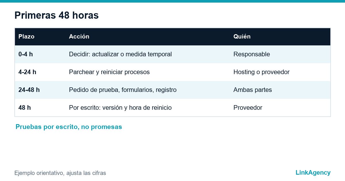 tabla con un plan de ejemplo para las primeras 48 horas tras un aviso crítico de PHP: decisión, parche, pruebas y confirmación escrita
