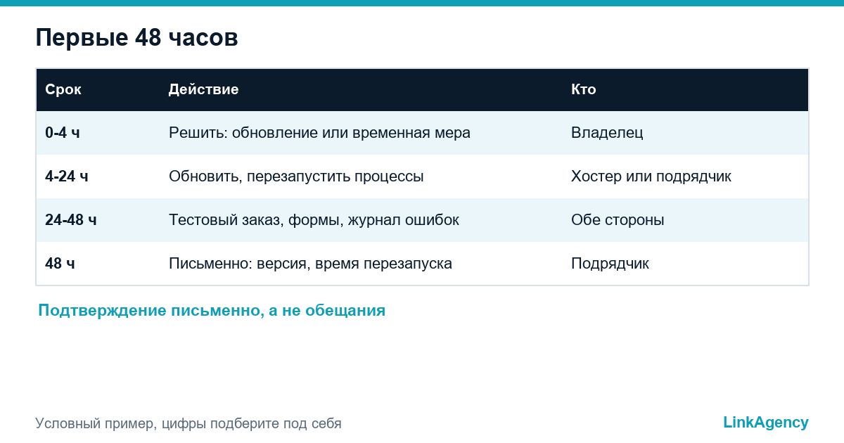 таблица с примерным планом на первые 48 часов после критического бюллетеня PHP: решение, обновление, проверки и письменное подтверждение