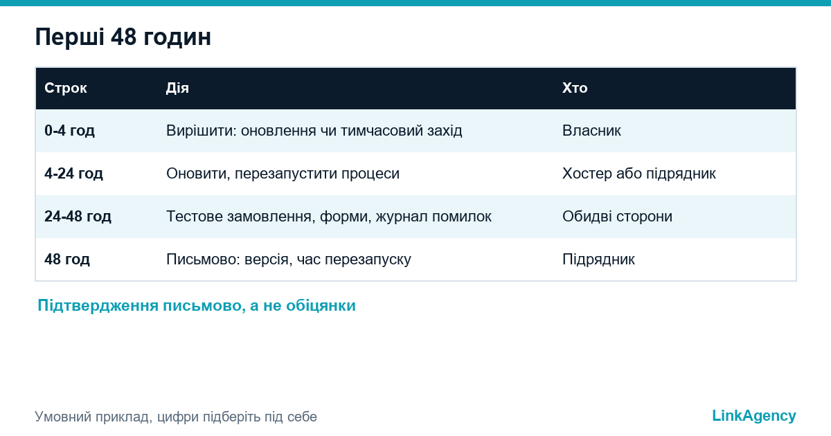 таблиця з прикладним планом на перші 48 годин після критичного бюлетеня PHP: рішення, оновлення, перевірки й письмове підтвердження