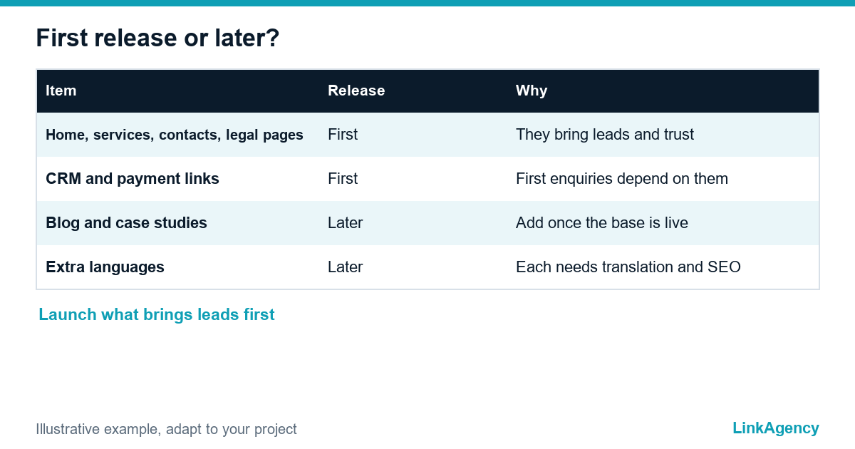 table splitting website features into launch-critical items for phase one and later items for phase two