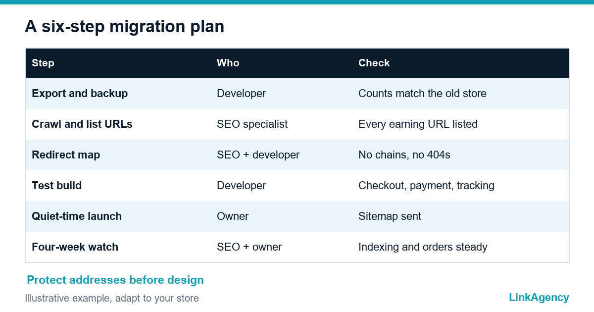 table of six steps for moving an ecommerce store between Shopify, WooCommerce and a custom platform without losing SEO