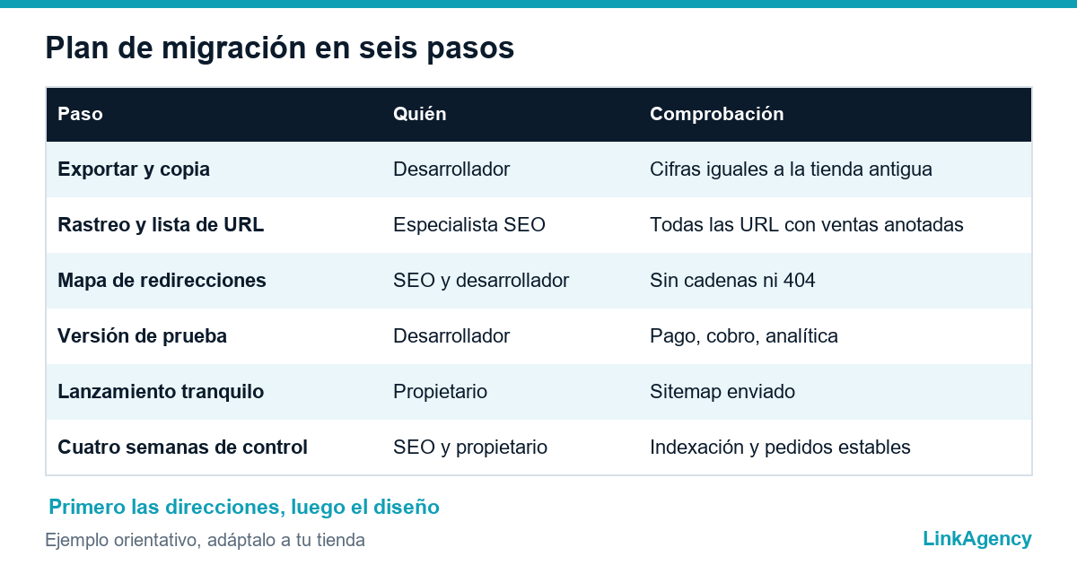 tabla de seis pasos para migrar una tienda online entre Shopify, WooCommerce y una plataforma ecommerce a medida sin perder SEO