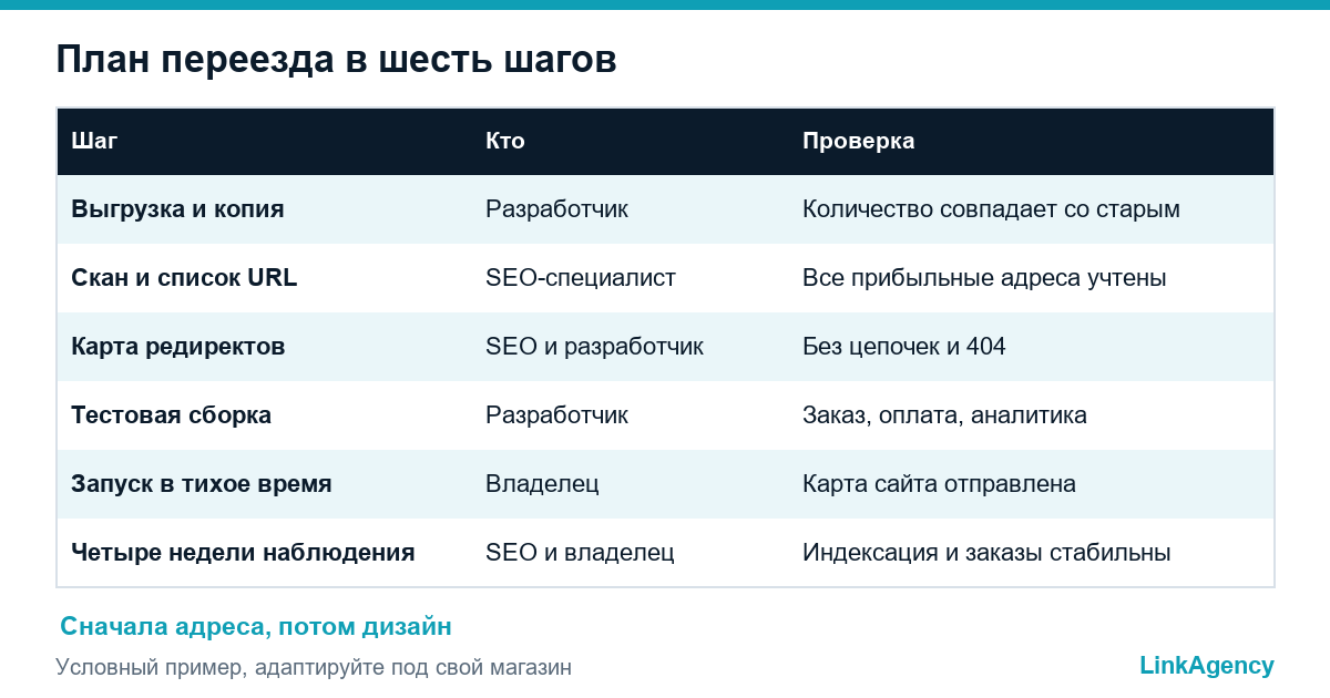 таблица шести шагов переезда интернет-магазина между Shopify, WooCommerce и собственной платформой без потери SEO