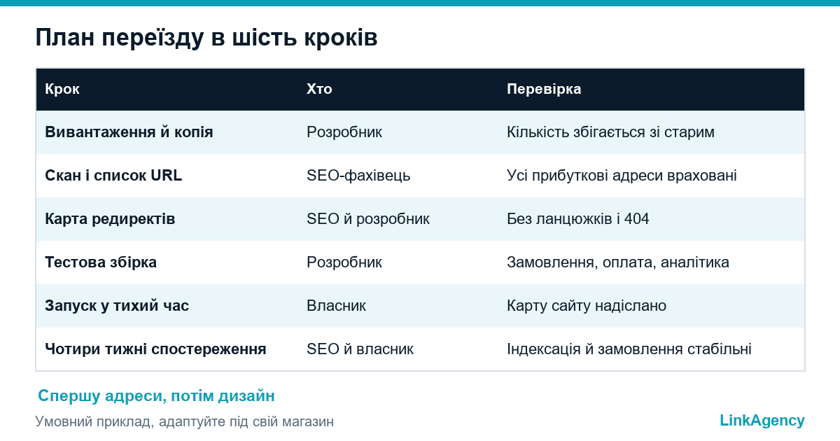 таблиця шести кроків переїзду інтернет-магазину між Shopify, WooCommerce та власною платформою без втрати SEO