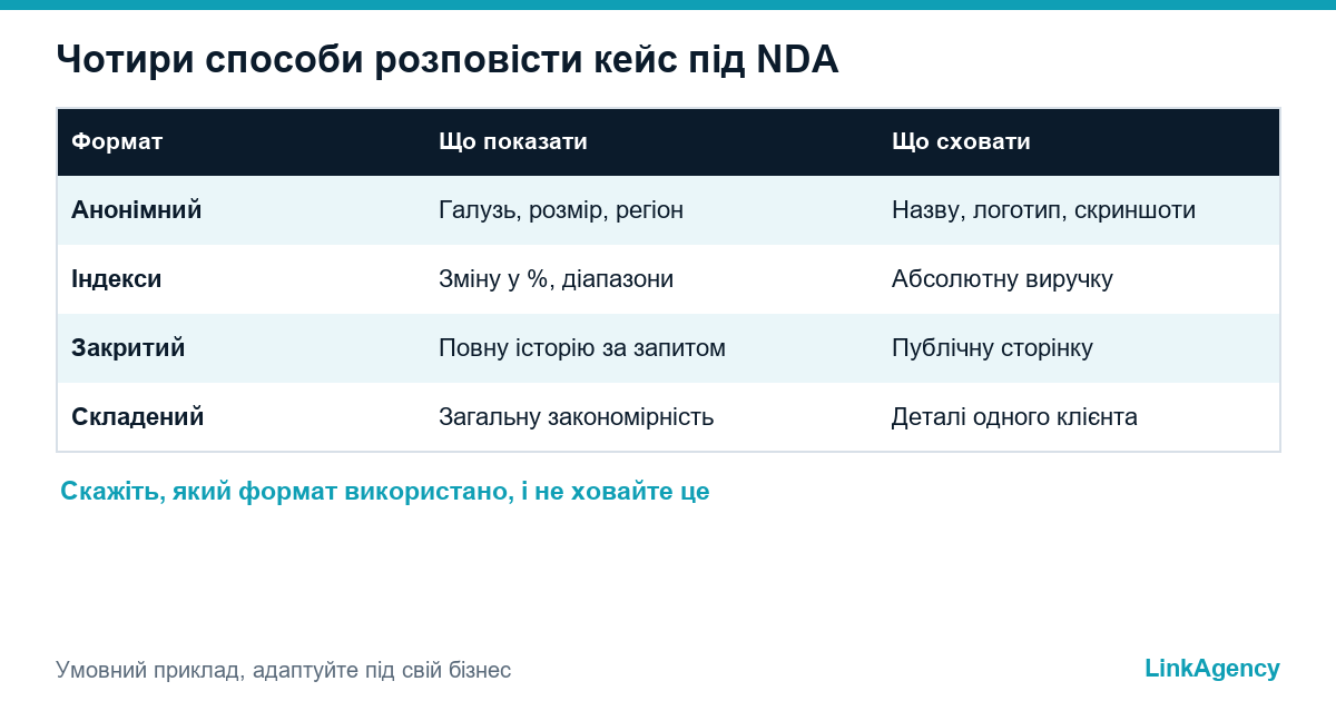 таблиця форматів анонімного кейсу з тим, що показати і що сховати