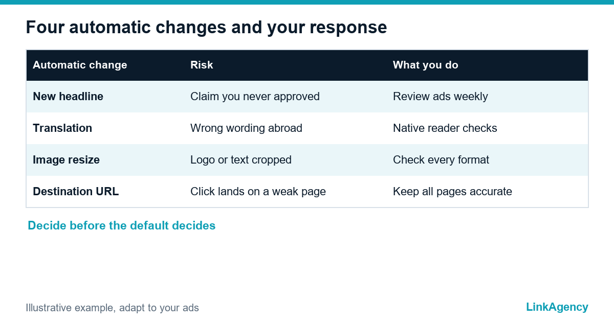 table of creative enhancements in ChatGPT ads for business with risks and actions