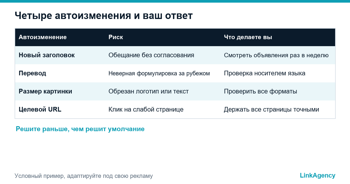 таблица creative enhancements в рекламе в ChatGPT с рисками и действиями