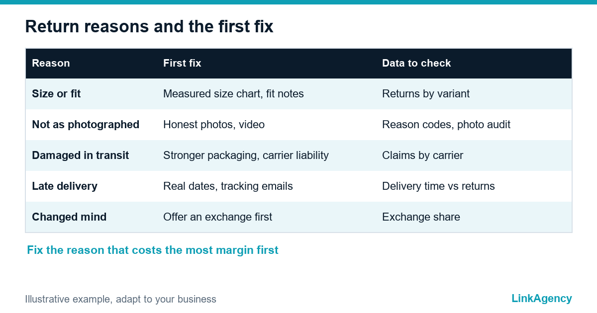 table of ecommerce returns by reason and first fix