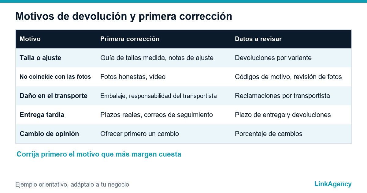 tabla de motivos de la política de devoluciones y primeras correcciones