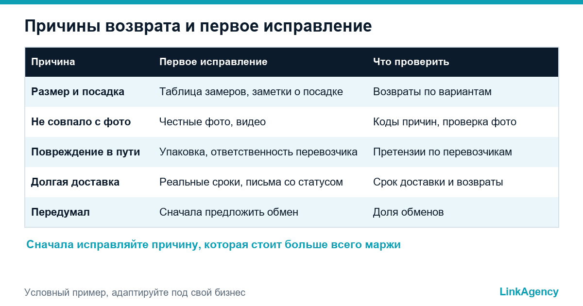 таблица причин возврата товара и первых исправлений