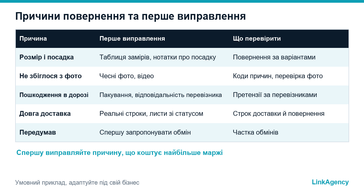 таблиця причин повернення товару та перших виправлень